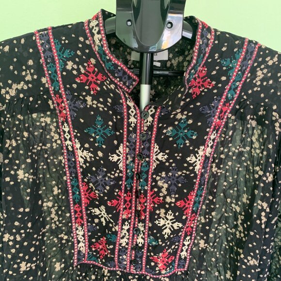 Isabel Marant Blouse Sz 36 S Black Embroidered Boho Tunic Holiday Snowflakes - Picture 2 of 15
